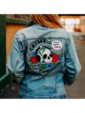 RARE Crime Junkie Podcast Full Body Chills Skull Denim Jacket Medium